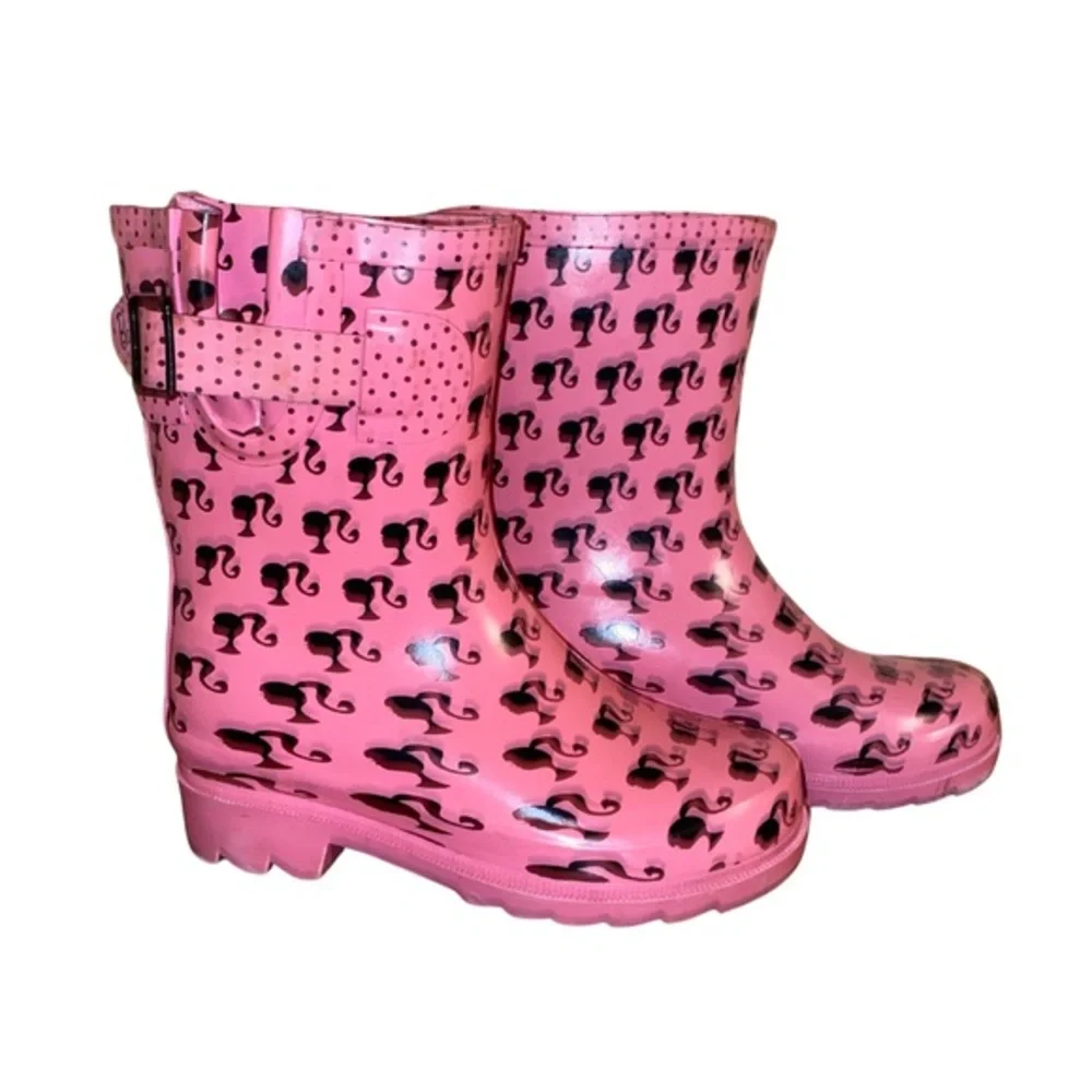 Barbie Girls‎ Pink Rain Boots Size S 9/10 Black Silhouette Print Waterproof